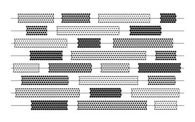 An abstract diagram of a ledger structure: horizontal rules carrying black halftone blocks of varying width. It represents structured record-keeping and shows no real figures or interface.