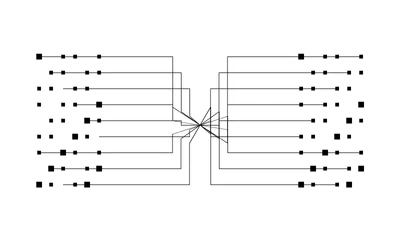 An abstract diagram of two clusters of black squares linked by a lattice of fine lines crossing at the centre, representing exchange between systems. It is not an interface.