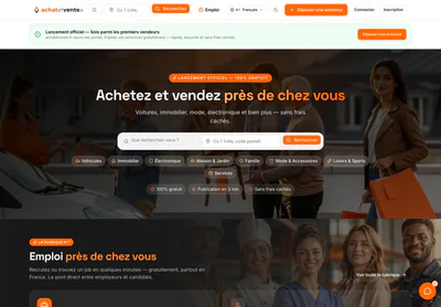 Page d'accueil d'Achat et Vente sur ordinateur, barre de recherche au-dessus des tuiles de catégories : véhicules, immobilier, électronique et autres.