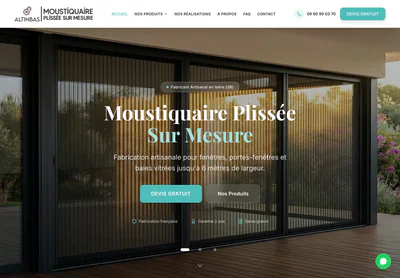 Page d'accueil d'Altinbas Moustiquaire sur ordinateur, présentant les moustiquaires plissées sur mesure avec un appel à devis gratuit.