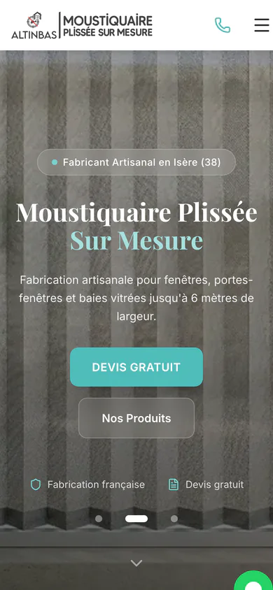 Page d'accueil d'Altinbas Moustiquaire sur mobile, gamme de produits et demande de devis empilées.