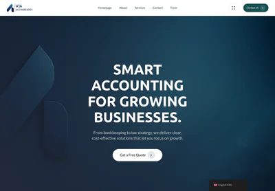 Page d'accueil d'ATA Accountancy sur ordinateur, avec le titre « Smart accounting for growing businesses » sur un dégradé bleu foncé et un bouton de demande de devis.