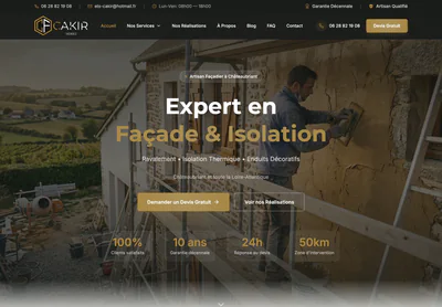 Page d'accueil de Cakir Façades sur ordinateur, services de façade et d'isolation avec photos de réalisations récentes.