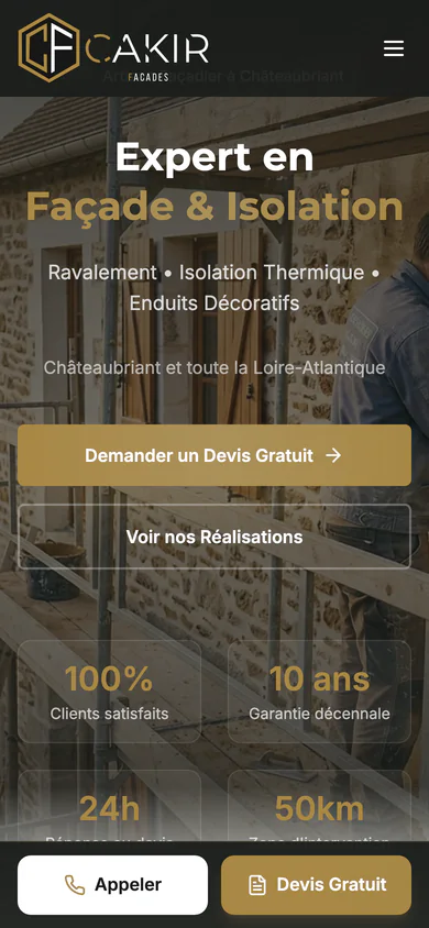 Page d'accueil de Cakir Façades sur mobile, services et numéro de téléphone immédiatement accessibles.