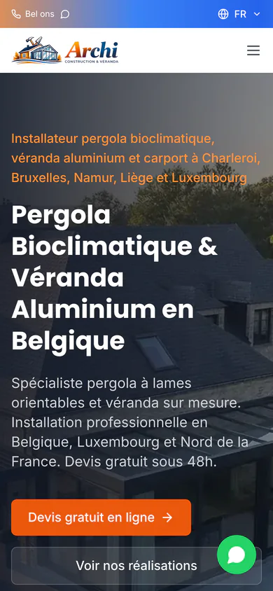 Archi Construction homepage on mobile, with the product range and call and WhatsApp buttons in reach.