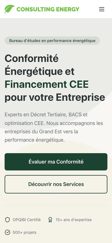 Consulting Energy homepage on mobile, with the regulatory services stacked in a single column.