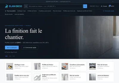 Elan Deco homepage on desktop, showing tile finishing profiles and tooling organised by product family.