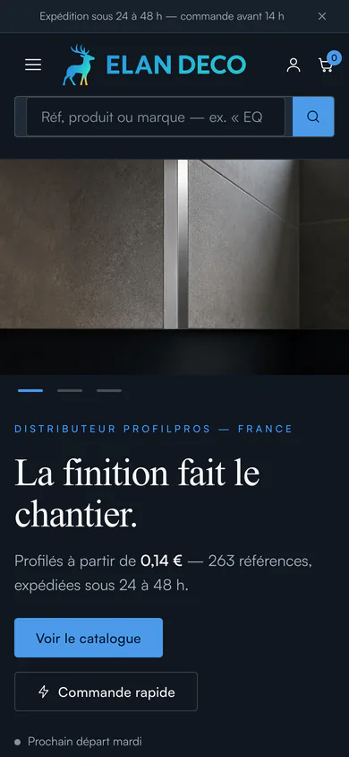 Elan Deco homepage on mobile, with the product families stacked above the search entry point.