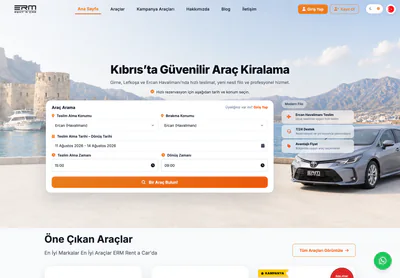 ERM Rent A Car homepage on desktop, presenting vehicle hire for Nicosia and Kyrenia in Northern Cyprus.