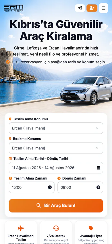 ERM Rent A Car homepage on mobile, with the booking search and vehicle classes stacked.