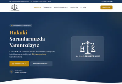 Halil İbrahim Kurt homepage on desktop, presenting an advocate’s practice areas and bar registration.