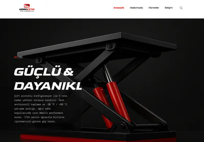 Hidroçetin homepage on desktop, presenting hydraulic lift and platform systems by installation type.