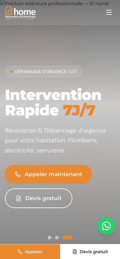 ID Home homepage on mobile, with the emergency call button held above the renovation services.