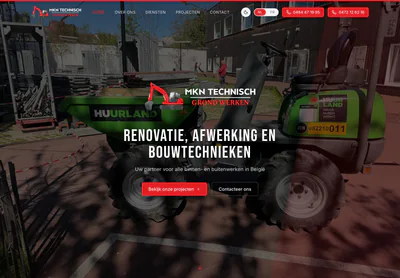 MKN Technisch homepage on desktop, listing renovation, finishing and construction trades in Dutch.