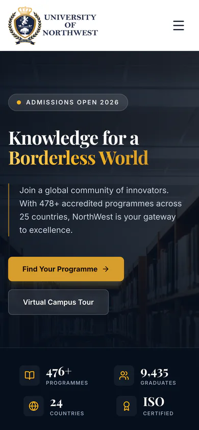 Page d'accueil de l'University of NorthWest sur mobile, points d'entrée des programmes en une colonne.