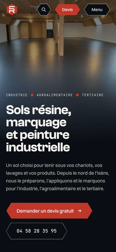 SARL SAYAN homepage on mobile, with the headline, a free-quote button and the phone number stacked under a photograph of a resin floor.