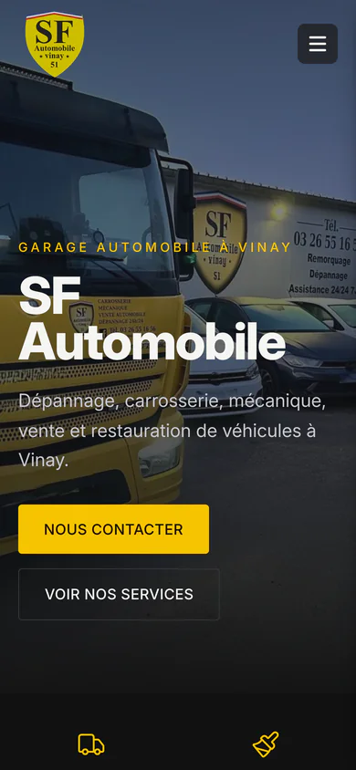 SF Automobile homepage on mobile, with the services and call button reachable without scrolling.