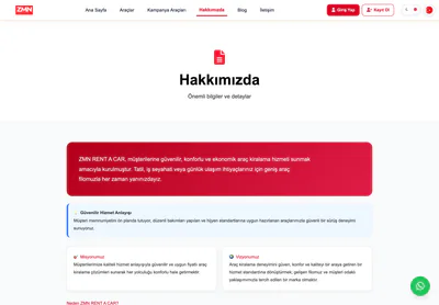 ZMN Rent A Car — the Hakkımızda – ZMN Rent A Car page on desktop