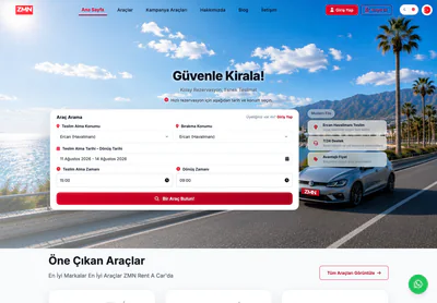 ZMN Rent A Car homepage on desktop, showing the vehicle fleet and hire search.