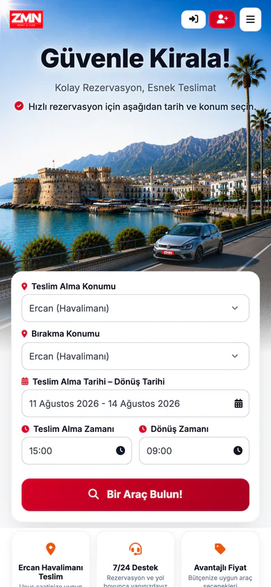 ZMN Rent A Car homepage on mobile, with the hire search above the fleet.